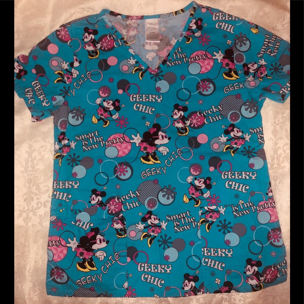 Disney Minnie Mouse “Geeky Chic” Women’s Scrub Top – V-Neck
